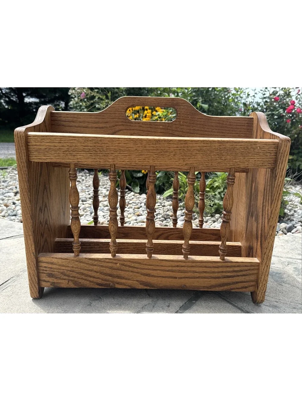 Solid Wood Oak Magazine Records LP Holder With Spindles MCM 2 Sections 19x16x12”